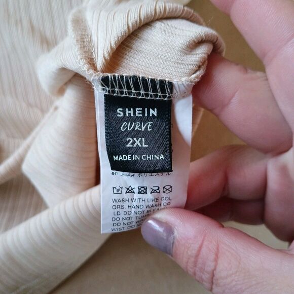 Shein Curve Beige Ribbed Long Sleeve Shirt Womens Size 2XL Basic Minimalist - Picture 3 of 8